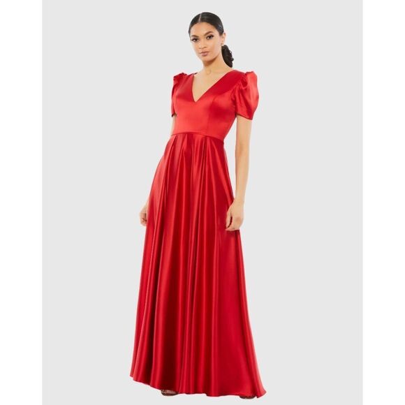 NWT IEENA for Mac Duggal Red Puff Sleeve V-Neck Satin Gown size 6 - Picture 1 of 13